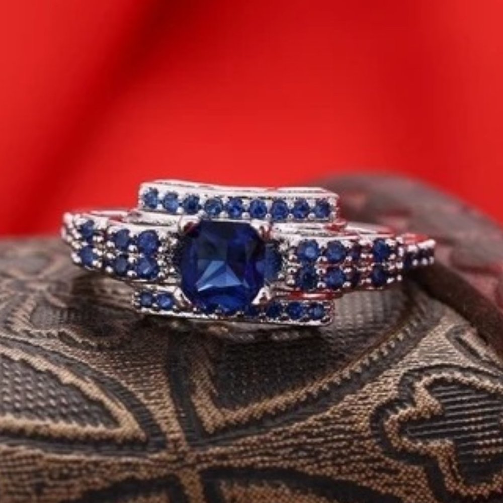 Stunning Princess Cut 1.50ctw Blue Sapphire / Diamond Anniversary Ring